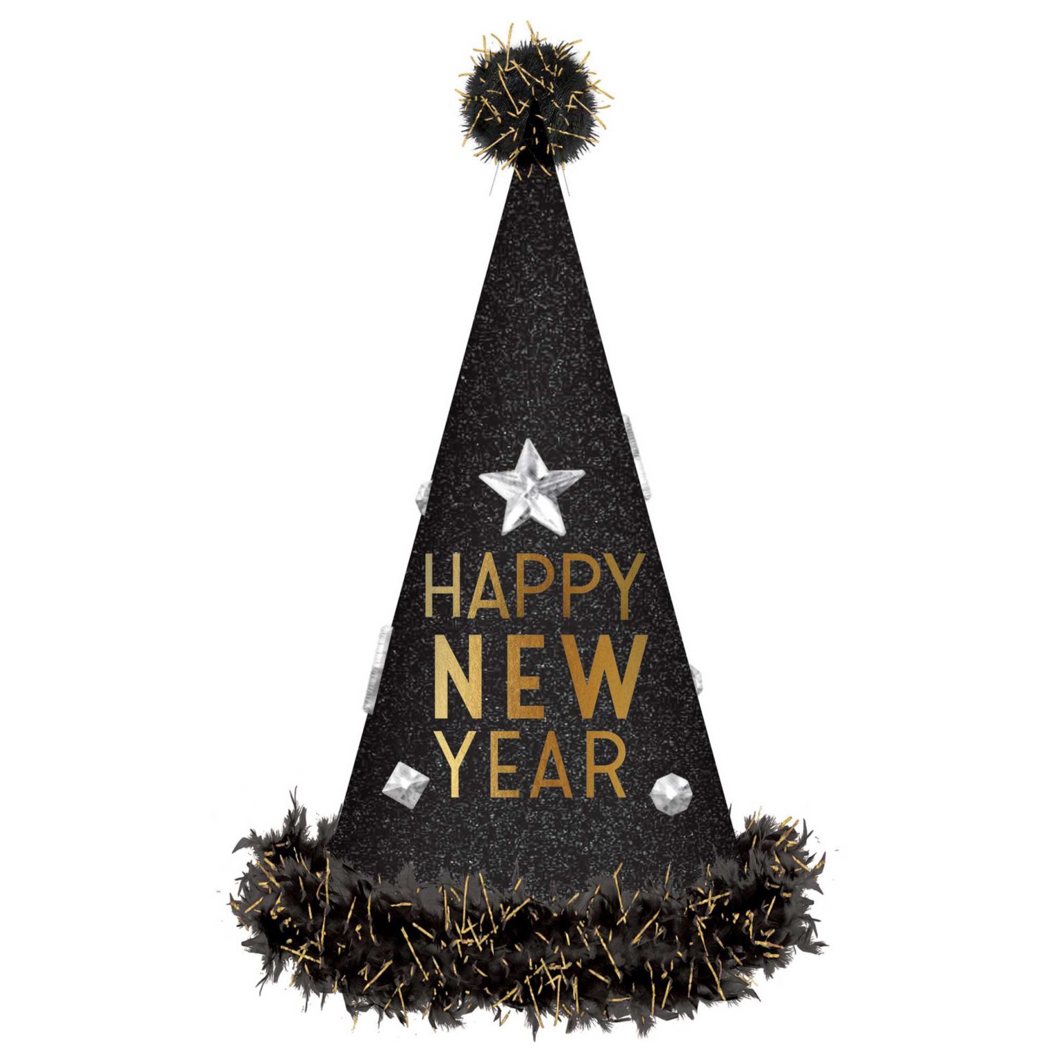 Happy New Year Tall Cone Shaped Hats Black & Gold Glittered Foil with
